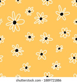 Cute Repeat Daisy Wildflower Pattern with yellow background. Seamless floral pattern. White Daisy. Stylish repeating texture. Repeating texture. 