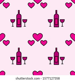Cute repeat pattern with wine, glasses and hearts on the pink background. Valentine's day seamless ornament. Usable for wedding invitations, cards, wrapping paper, packet. Vector illustration
