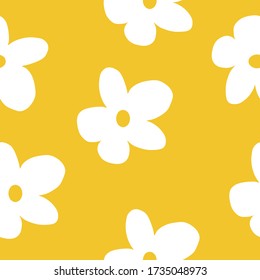 Cute Repeat retro stylized Daisy Wildflower Pattern with gold yellow background. Seamless floral pattern. White Daisy. Stylish repeating texture. Repeating texture. 