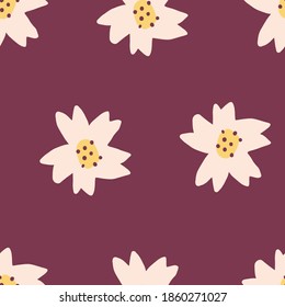Cute Repeat Tulip Wildflower Pattern with maroon red background. Seamless floral pattern. white tulip. Stylish repeating texture. 