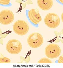 Cute repeating background with pancakes and vanilla flower. Seamless pattern for Pancake Week decoration, fabric print, card. Kawaii food vector illustration in light colors. Happy smiling pancakes.