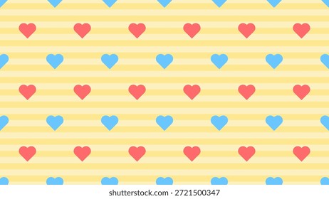 Nettes, sich wiederholendes Herzmuster mit rosa und blauen Herzen, die auf weichen, gelben, horizontalen Streifen angeordnet sind. Ideal für Liebesthemen, Hintergründe, Packpapier, Schreibwaren und Valentinstag-Designs