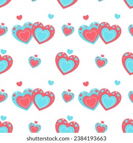 Patrón extensible con corazones sobre fondo blanco. Corazones rosas y azules para San Valentín. Corazones de amantes sin fisuras. Textura vectorial para textiles