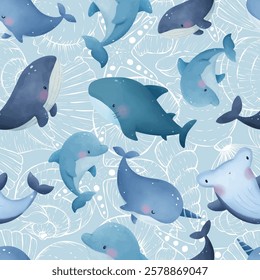 Cute repeating pattern with ocean animal illustrations arranged in a seamless layout. Ideal for nursery textiles, kids wallpaper and baby product design.