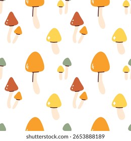 Cute repeating pattern with orange, red, yellow, and green mushrooms. Stylized and playful forest fungi on white background