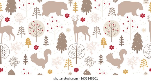 Cute repeating pattern with woodland animals illustrations arranged in a seamless layout. Ideal for nursery textiles, kids wallpaper and baby product design.