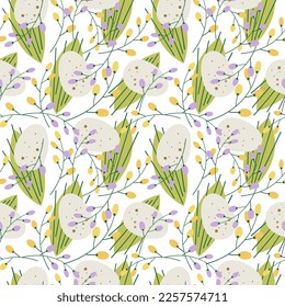 Cute repeating seamless pattern for Easter on a white background. Unpainted natural quail egg in a pattern with mimosa branches and flowers, green leaves. Easter background. For textiles and design