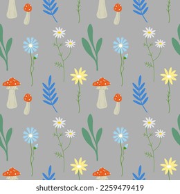 Cute repeating seamless pattern with mushrooms and flowers. Ornament with forest plants. Modern design for clothes, fabric, paper, cover, interior decor. Vector texture.