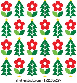 Cute repetitive Nordic Christmas folk art vector seamless pattern, cute festive Scandinavian design with flowers and Christmas trees. 	
Xmas retro patterns in red and green, decorative background 