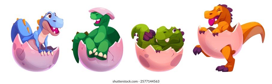 Cute reptile babies hatching from eggs - set of newborn dinosaurs with different expressions. Collection of blue, green, and orange smiling characters for children game design or nursery decoration.