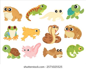 Cute Reptiles and Amphibians Cartoon Vector Illustration Set - Hand-drawn Collection Featuring Toad, Lizard, Gecko, Frog, Turtle, Chameleon, Snake, Axolotl, and Mudskipper