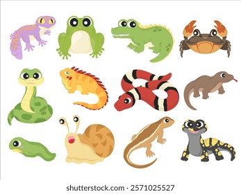 Cute Reptiles and Amphibians Cartoon Vector Illustration Set - Hand-drawn Collection Featuring Frog, Crocodile, Snake, Gecko, Lizard, Crab, Snail, Iguana, Salamander, and Toad - Perfect for Kids