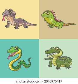 Cute Reptiles Collection Clip Art Illustration For Kids