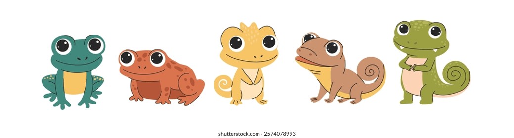 Cute reptiles, lizard, iguana, chameleon, frog. Set of flat vector illustrations in simple child style on white background. 