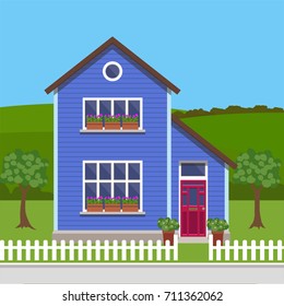 Cute residential country house, country landscape, trendy flat style vector design template