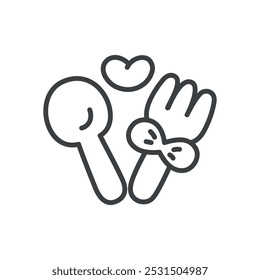 Cute restaurant icon. Hand drawn monochrome illustration of a spoon, a fork and a heart isolated on a white background. Kawaii St. Valentine day concept. Vector 10 EPS.