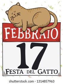 Cute resting cat that miss the party to celebrate Cat Day (written in Italian), over a background decorated with streamers and confetti.
