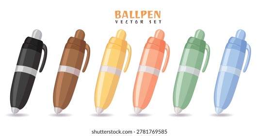 Cute Retractable Ballpen Vector Set Colorful Cartoon Office School Stationery Isolated On White