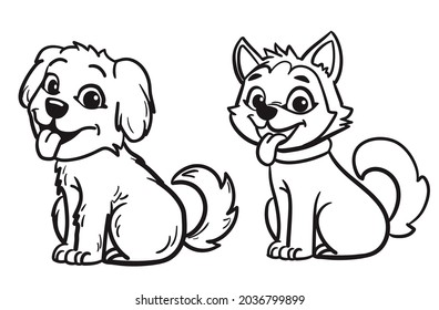 Cute Retriever and Husky Dog Outline Vector Illustration