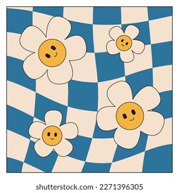 Cute retro 70s hippie flowers pattern, psychedelic groovy elements.