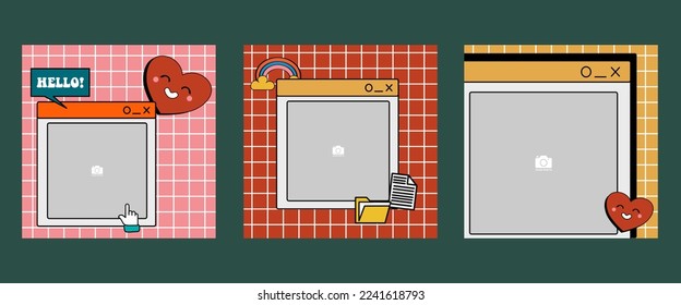 Cute retro 90s story post and template. Social media stories and posts with old computer aesthetic ui elements vector set. Fun retro abstract interface illustration