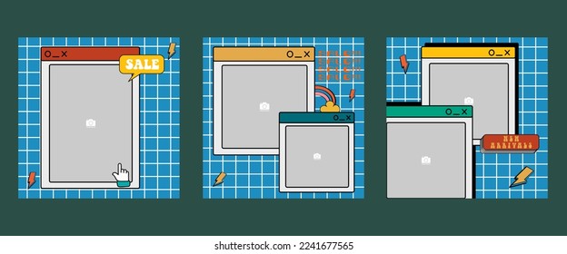 Cute retro 90s story post and template. Social media stories and posts with old computer aesthetic ui elements vector set. Fun retro abstract interface illustration