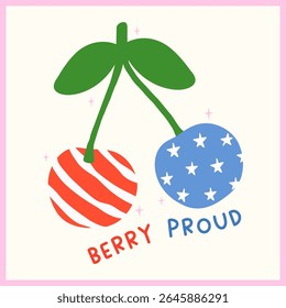 cerejas america retro bonitos com texto de trocadilho berry orgulhoso para sublimação de 4 de julho, design de camiseta, cartões de saudação ou verão patriótico 