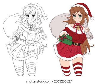 Cute retro anime woman wearing Christmas costume holding a gift.