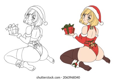 Cute retro anime woman wearing Christmas costume holding a gift. Contour picture for coloring book.