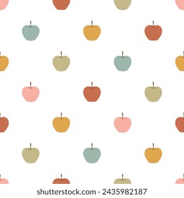 Cute retro apples seamless vector pattern. Scandi design. Vintage hand drawn background for kids room decor, nursery art, card, gift, fabric, textile, wrapping paper, wallpaper, packaging, apparel.