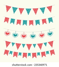 Cute retro baby bunting set red and green colors for scrapbook decoration or greeting cards. Vector illustration.