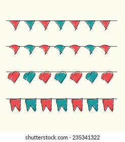 Cute retro baby bunting set red and green colors for scrapbook decoration or greeting cards. Vector illustration.