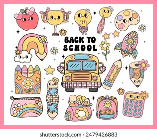 Lindo retro de vuelta a la escuela Groovy pastel útiles escolares Elementos dibujos animados dibujo de garabatos colección