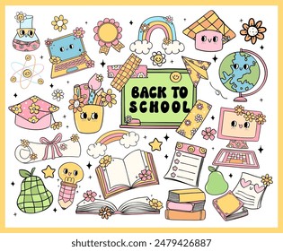 Cute Retro back to school Groovy school supplies elements cartoon doodle drawing collection