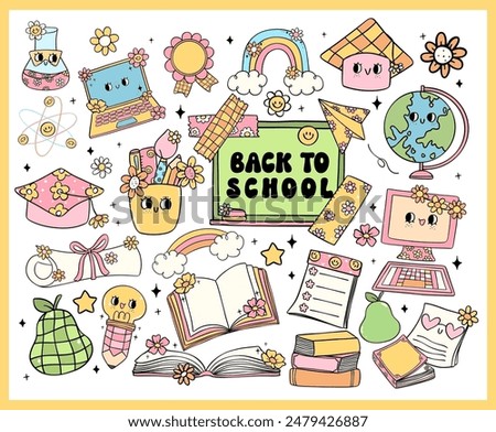 Cute Retro back to school Groovy school supplies elements cartoon doodle drawing collection