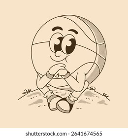 Cute retro basketball character enjoying a peaceful break outdoors