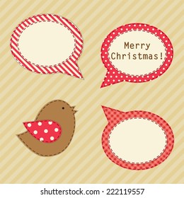 Cute retro bird with speech bubbles as textile applique in shabby chic style