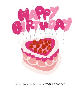 Cute retro birthday cake with raspberries and cream. Vector flat isolated pink balloon text of Happy Birthday. Inflatable balls and cake for birthday celebrations