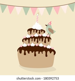 Cute retro birthday card invitation with cake, bird and flags, vector illustration background