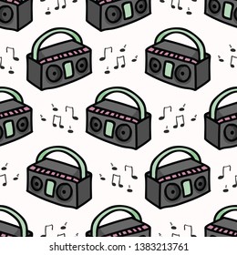 Cute retro boombox cartoon seamless vector pattern. Hand poratble cassette player in vintage 90s style tile. All over print for music blog, audio stereo graphic, hipster home decor.
