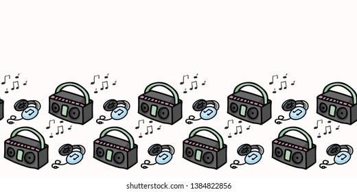 Cute retro boombox and headphones cartoon seamless vector border. Hand poratble cassette player in vintage 90s style tile. All over print for music blog, audio stereo graphic, hipster home decor.