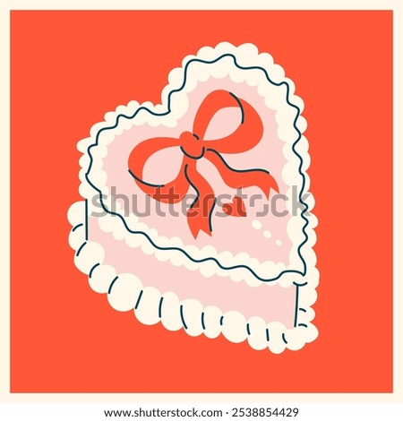 Cute retro cake with bow in cartoon coquette lambeth style.  Hand drawn nostalgic dessert vector illustration. Funny birthday background, poster, Valentine's day card, social media banner.