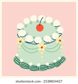 Cute retro cake with cherry in cartoon coquette style.  Hand drawn nostalgic dessert vector illustration. Funny birthday background, poster, card, social media banner.