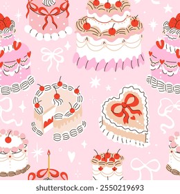 Cute retro cakes seamless pattern with cherries and strawberries in cartoon coquette style.Hand drawn nostalgic dessert vector illustration. Funny birthday background, poster, social media banner.