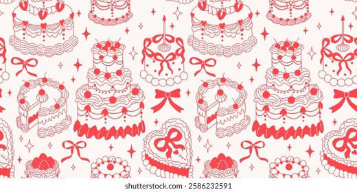 Cute retro cakes seamless pattern with cherries and strawberries in cartoon coquette style.Hand drawn nostalgic dessert vector illustration. Funny birthday background, poster, social media banner.