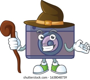 A cute retro camera performed as a witch on the stage