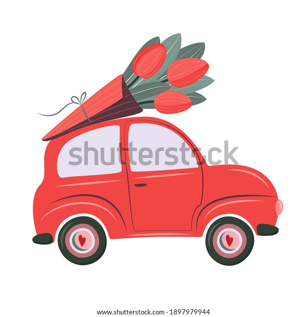 Cute retro\
car delivering bouquet of tulips. Valentine\'s day, birthday or\
wedding concept. Love, Romantic vector illustration in flat cartoon\
style. For card,  banner,\
invitation