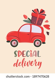 Cute Retro Car Delivering Gift And Flower. Special Delivery. Valentine's Day, Birthday Or Wedding Concept. Love, Romantic Vector Illustration In Flat Cartoon Style. For Card,  Banner, Invitation