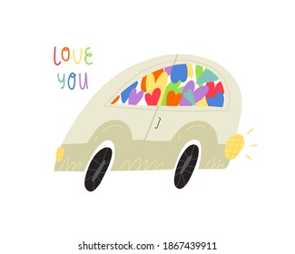 Cute retro car full of rainbow colors hearts and hand lettering Love you. Valentine's Day greeting card design. Vector isolated illustration. 