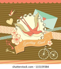 cute retro card with swallow. vector illustration